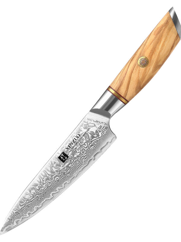 XINZUO 5.1″ Utility Knife (B37-WY) made with 73 layers Damascus steel for professional slicing tasks.