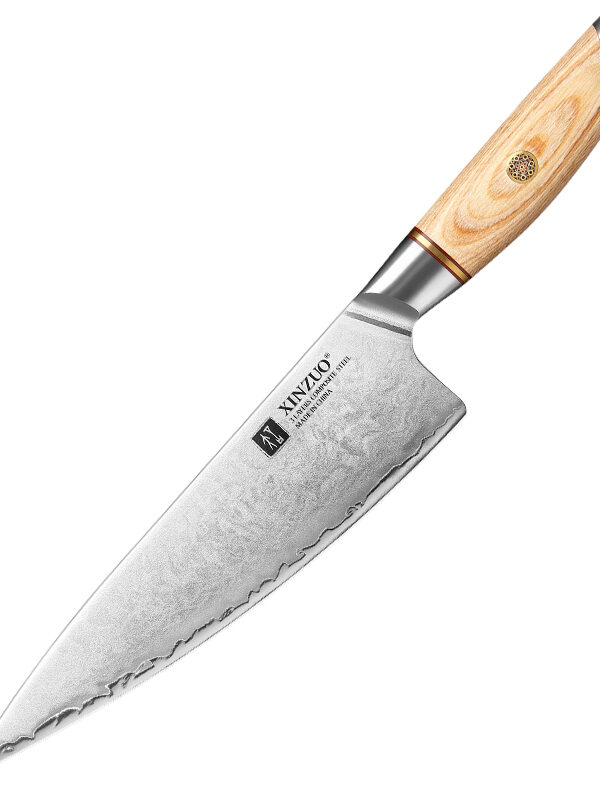 XINZUO 8.3″ Chef Knife (B37S-CS) made with 3 layers composite steel, designed for precise slicing tasks.