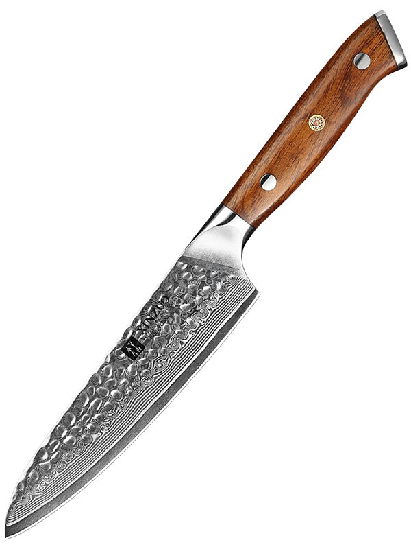 XINZUO 5.2″ Utility Knife (B13D-WY) made with 67 layers Damascus steel for versatile slicing tasks.