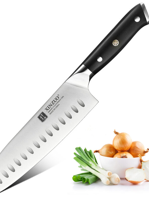 XINZUO 7″ Santoku Knife (B13S-RS) made with German Steel 1.4116, designed for versatile slicing tasks.