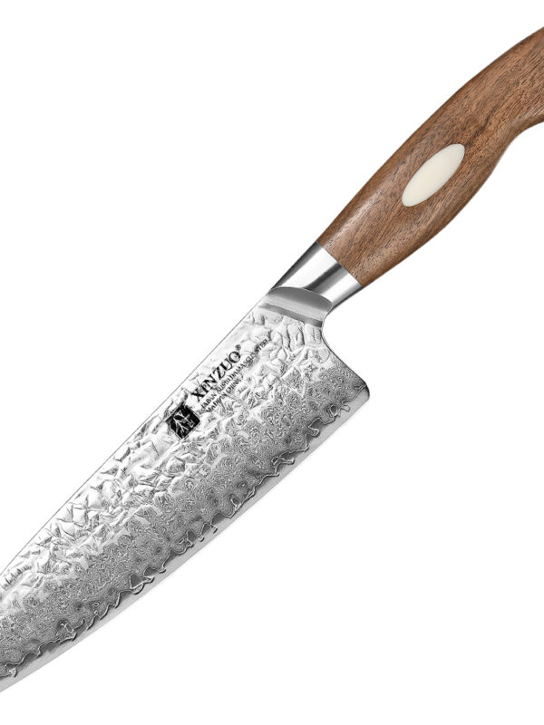 XINZUO 7.2″ Santoku Knife (B46W-RS) made with 67 layers Damascus steel, designed for versatile kitchen tasks.
