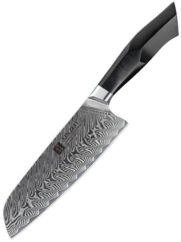 XINZUO 7.3″ Santoku Knife (B32-RS) made with 67 layers Damascus steel, designed for versatile slicing tasks.