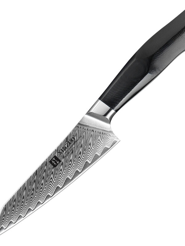 XINZUO 5″ Utility Knife (B32-WY) made with 67 layers Damascus steel for versatile slicing tasks.
