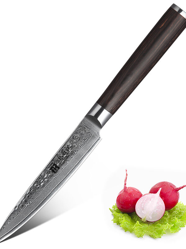 XINZUO 4.8″ Utility Knife (B1H-WY) made with 67 layers Damascus steel for versatile slicing tasks.