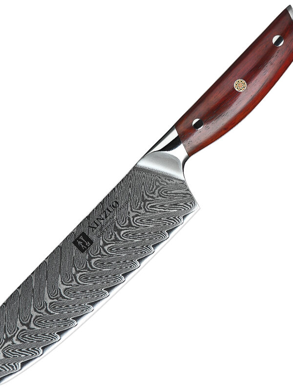 XINZUO 7″ Santoku Knife (B27-RS) made with 67 layers Damascus steel, designed for efficient slicing tasks.