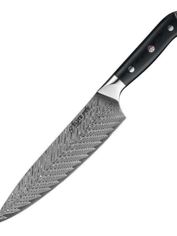 ELITE PRO CUTLERY 8″ Chef Knife (DCK-BK) made with 73 layers Damascus steel, designed for precise slicing tasks.