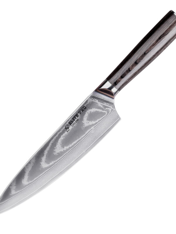 ELITE PRO CUTLERY 8″ Chef Knife (DCK-HJ) made with 67 layers Damascus steel, designed for versatile kitchen tasks.