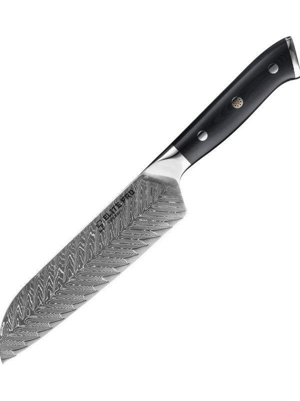 ELITE PRO CUTLERY 7″ Santoku Knife (DSK-BK) made with 73 layers Damascus steel, designed for professional slicing tasks.