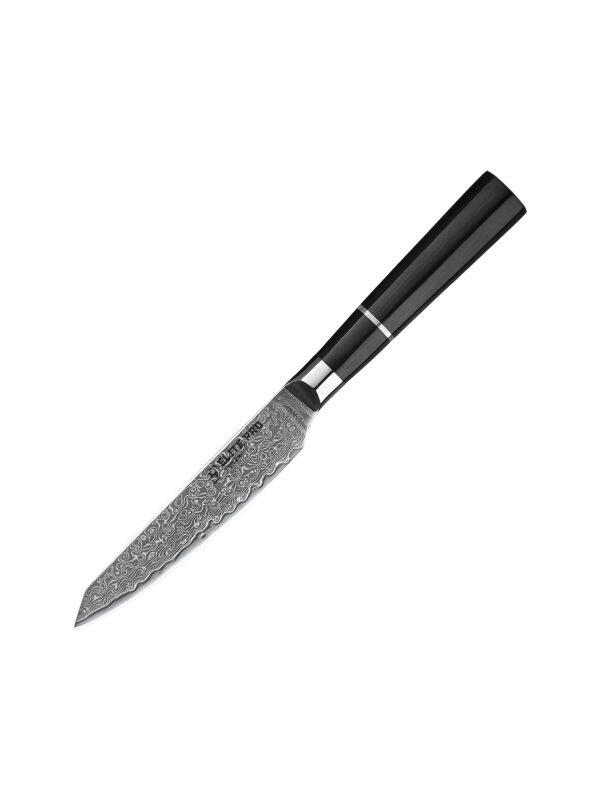 ELITE PRO CUTLERY 5″ Utility Knife (DUK-EK) made with 67 layers Damascus steel for versatile kitchen tasks.