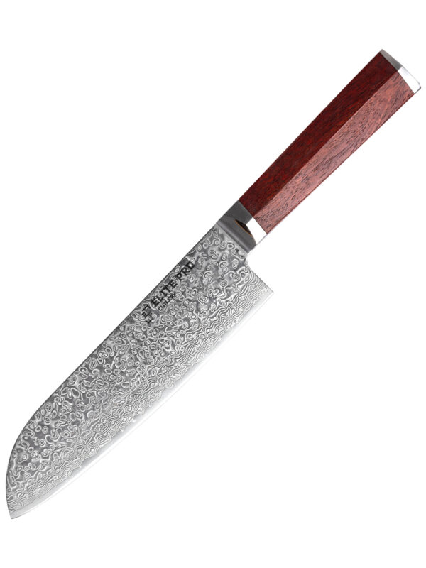 ELITE PRO CUTLERY 7″ Santoku Knife (DSK-LF) made with 73 layers Damascus steel, designed for versatile slicing tasks.