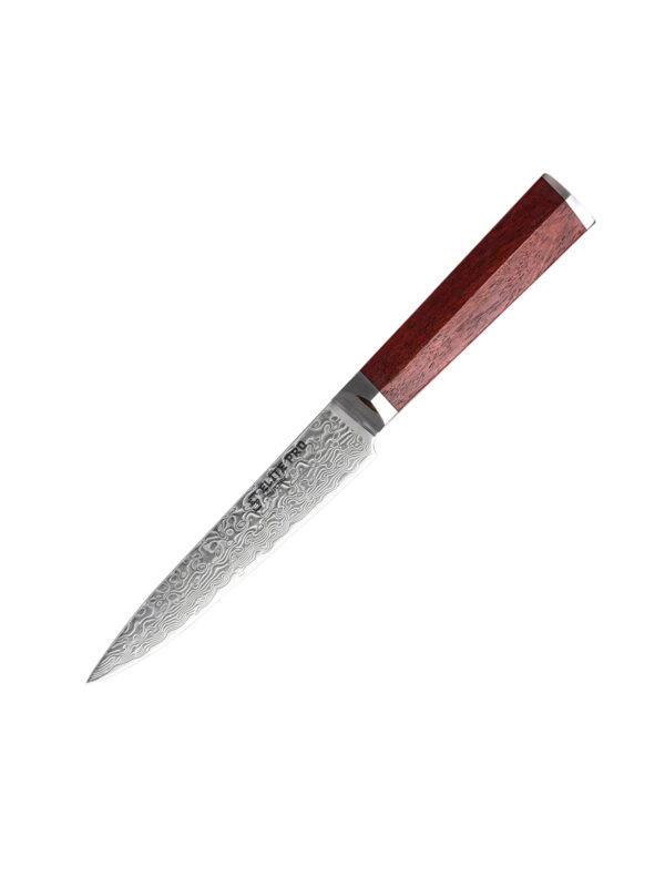 ELITE PRO CUTLERY 5″ Utility Knife (DUK-LF) made with 73 layers Damascus steel for versatile kitchen tasks.
