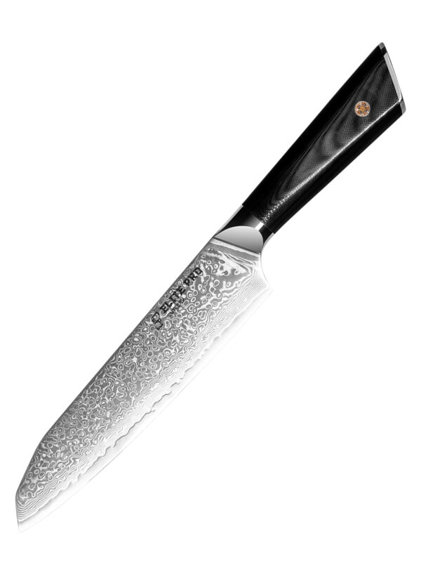 ELITE PRO CUTLERY 7″ Santoku Knife (DSK-LKB) made with 67 layers Damascus steel, designed for professional tasks.