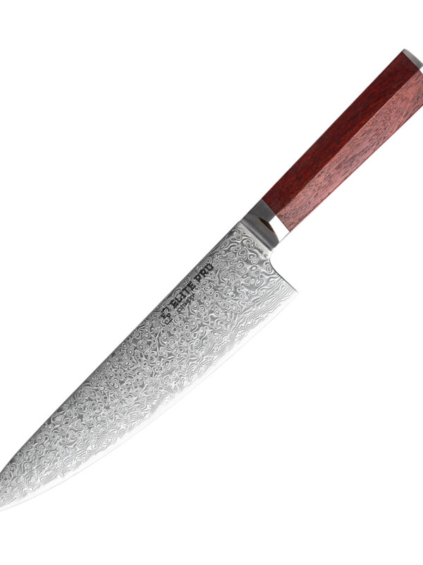 ELITE PRO CUTLERY 8″ Chef Knife (DCK-LF) made with 73 layers Damascus steel, designed for versatile slicing tasks.