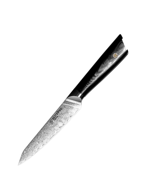 ELITE PRO CUTLERY 5″ Utility Knife (DUK-LKB) made with 67 layers Damascus steel for efficient slicing tasks.