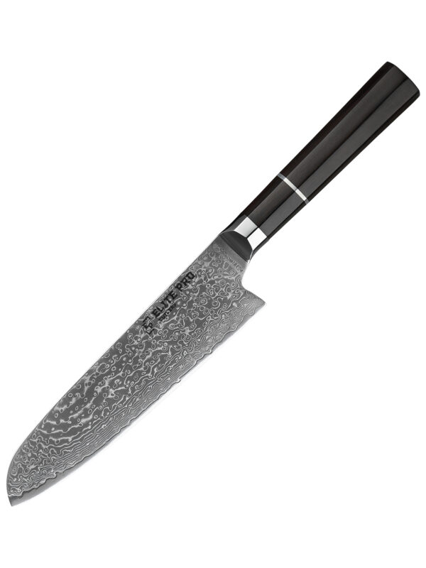 ELITE PRO CUTLERY 7″ Santoku Knife (DSK-EK) made with 67 layers Damascus steel, designed for versatile slicing tasks.