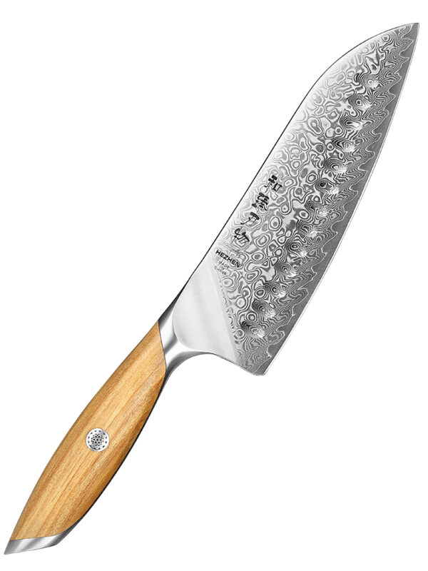 HEZHEN 7.3″ Santoku Knife (X01-RS) made with 73 layers Damascus steel, designed for versatile slicing tasks.