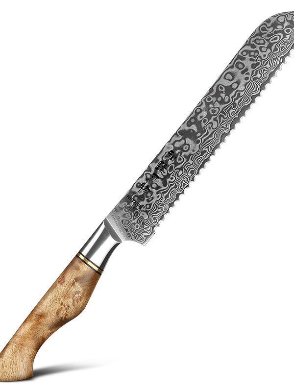 HEZHEN 8.2″ Bread Knife (B30-MB) made with 67 layers Damascus steel, designed for smooth bread slicing.