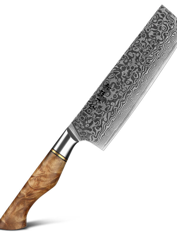 HEZHEN 7″ Nakiri Knife (B30-XC) made with 67 layers Damascus steel, designed for professional vegetable cutting.