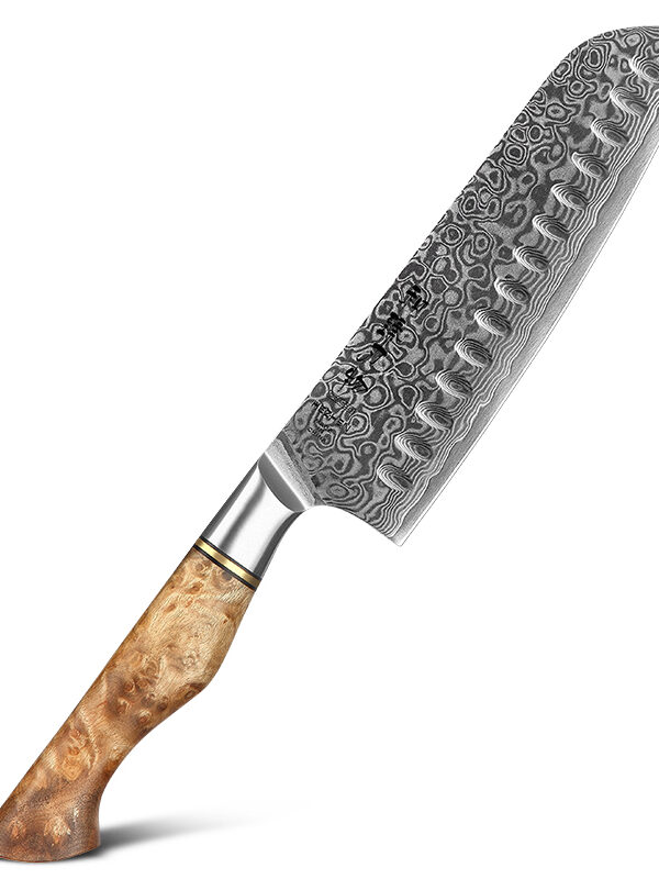 HEZHEN 7″ Santoku Knife (B30-RS) made with 67 layers Damascus steel, designed for efficient slicing tasks.