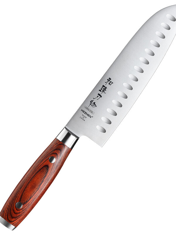 HEZHEN 7″ Santoku Knife (B2-RS) made with German Steel 1.4116, designed for versatile slicing tasks.