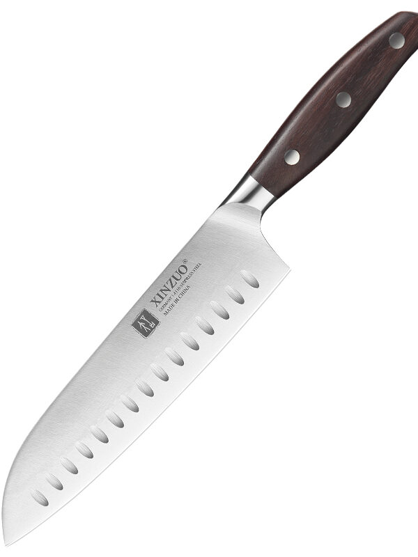 XINZUO 7.1″ Santoku Knife (B35-RS) made with German Steel 1.4116, designed for precise slicing tasks.