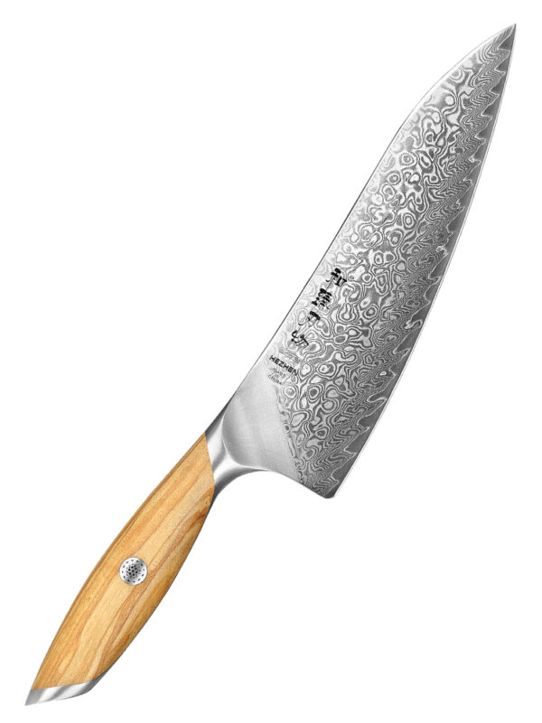 HEZHEN 8.3″ Chef Knife (X01-CS) made with 73 layers Damascus steel, designed for versatile kitchen tasks.