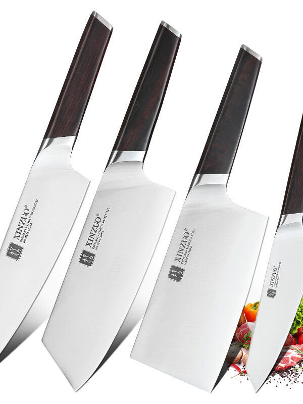 XINZUO 4 PCS Knife Set (B5S-A4) with chef, nakiri, utility, and bone chopper knives made with German steel.