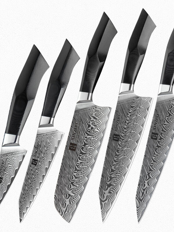 XINZUO 5 PCS Knife Set (B32-A5) with chef, santoku, carving, utility, and paring knives crafted with Damascus steel.