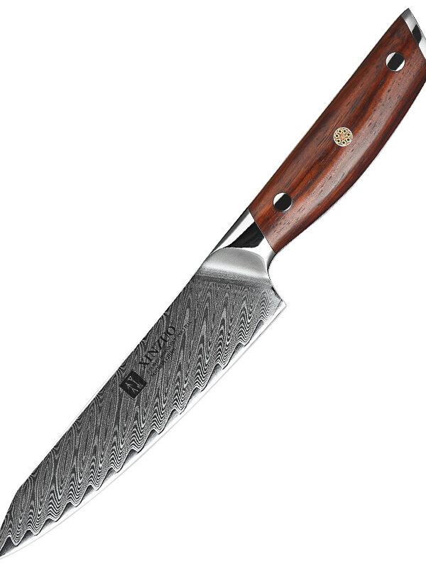XINZUO 5.1″ Utility Knife (B27-WY) made with 67 layers Damascus steel for versatile kitchen tasks.