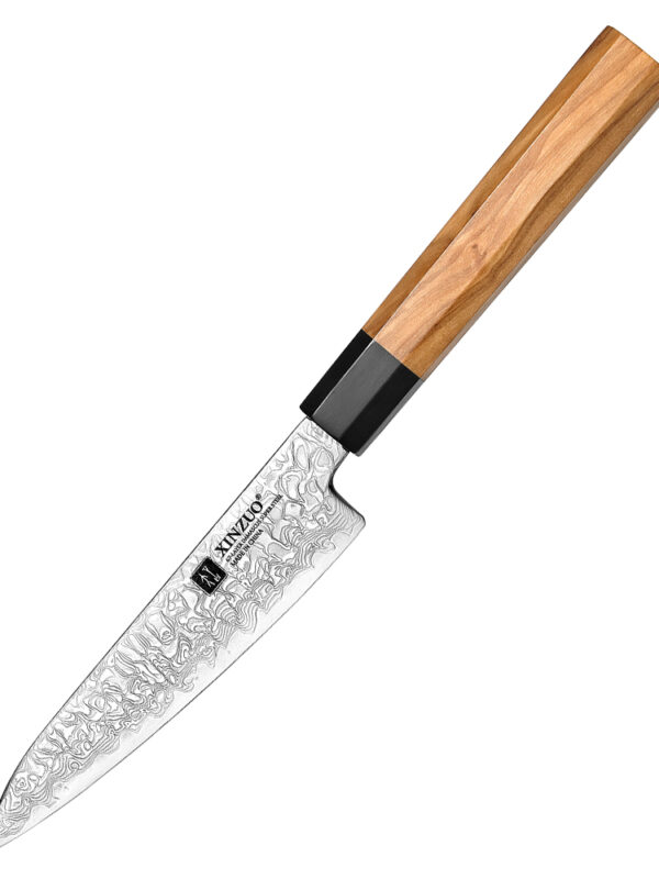 XINZUO 5.3″ Utility Knife (PM80-WY) made with 67 layers Damascus steel for versatile kitchen tasks.