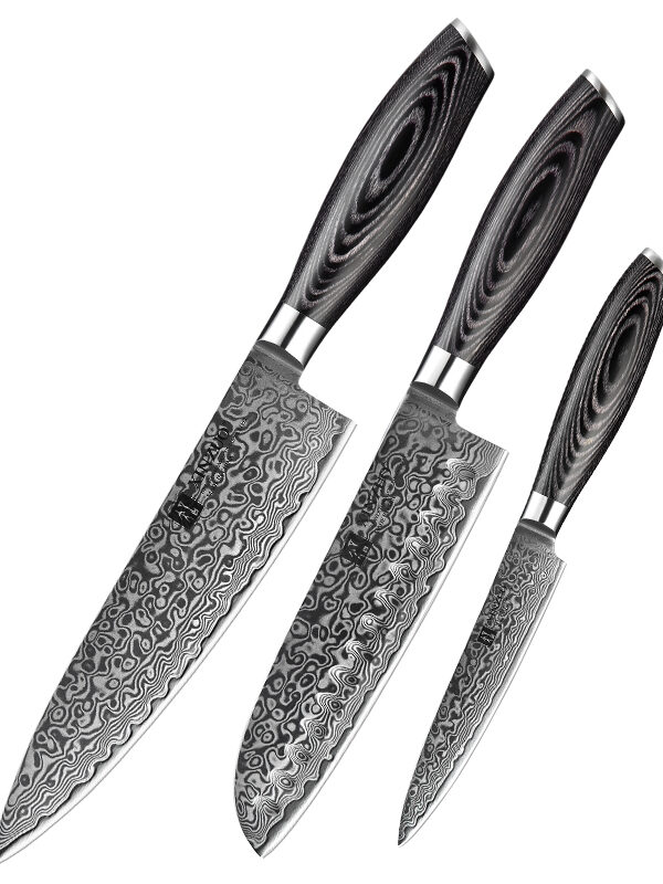 XINZUO 3 PCS Knife Set (B20-A3) with chef, santoku, and utility knives crafted with Damascus steel.