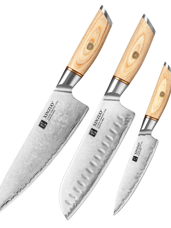 XINZUO 3 PCS Knife Set (B37S-A3) with chef, santoku, and utility knives crafted with composite steel.