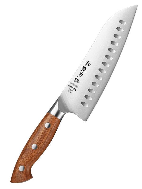 HEZHEN 7.3″ Santoku Knife (X02-RS) made with German Steel 1.4116, designed for versatile slicing tasks.