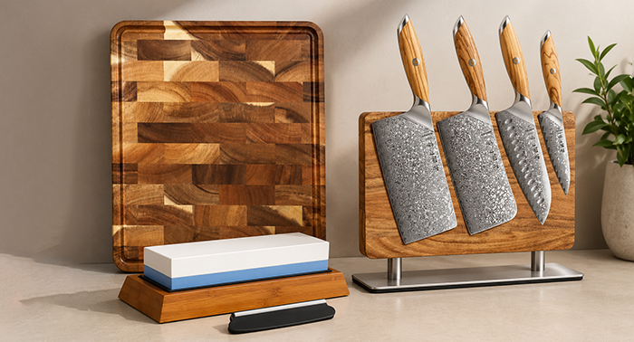 Chef knife care essentials featuring cutting boards