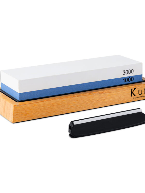 KUTLR Whetstone Sharpening Stone – 1000/3000 Grit 2-Sided White Corundum Sharpening Stone with Bamboo Holder, Non-Slip Base & Angle Guide (WS-0011)