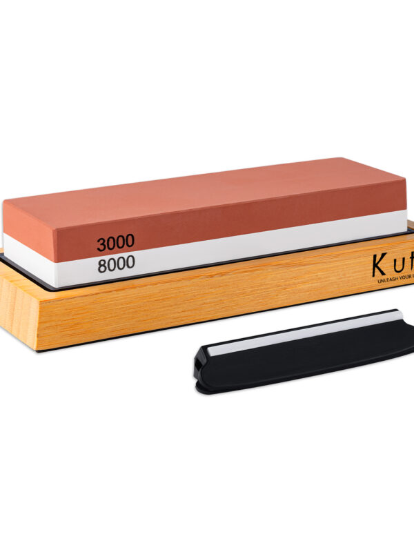 KUTLR Whetstone Sharpening Stone – 3000/8000 Grit 2-Sided White Corundum Sharpening Stone with Bamboo Holder, Non-Slip Base & Angle Guide (WS-0013)