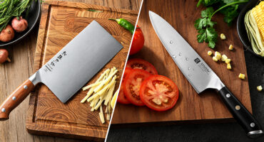 Chinese cleaver and chef knife compared side by side on a kitchen cutting board